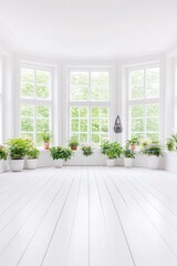 Fototapeta premium Bright minimalist interior with lush green plants and large windows