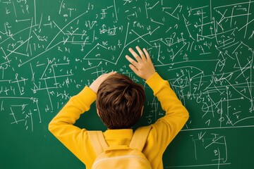 Frustrated child attempting math problems on chalkboard