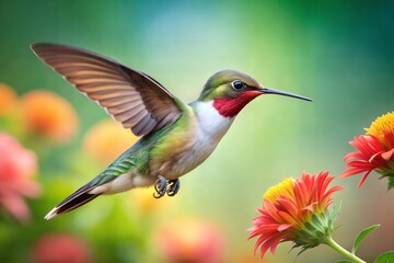 Fototapeta premium Hummingbird in mid-flight with blurred flower background