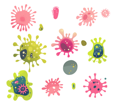 Set of virus and bacteria on transparent background. Microbe in microscope view kids flat stile illustration.