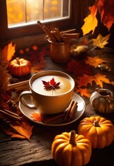 cozy hot beverage seasonal elements featuring warm textured natural decorative touches charming setting, warmth, coffee, tea, chocolate, mug, cinnamon