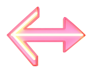 Pink and yellow luminous 3D arrow pointing in two directions. Transparent background
