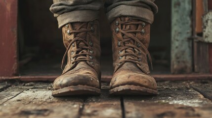 Worn Brown Leather Boots Resting on Weathered Wooden Boards