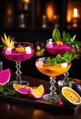 Naklejka premium colorful cocktail ingredients artfully arranged captivating presentation tantalizing shots, cocktails, vibrant, glasses, garnishes, mixology, fruits