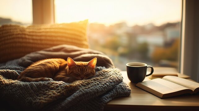 Cozy cat resting near a warm window with a book and coffee cup in soft light.