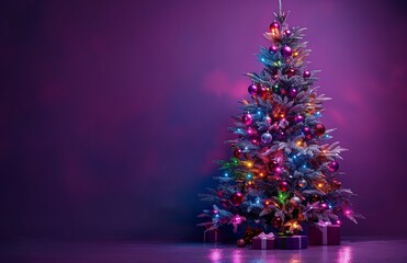 A beautifully decorated Christmas tree on purple background with copy space for text