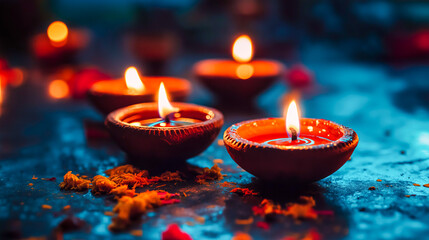 Diwali Festival of Lights: Colorful Diya Oil Lamps Glowing Against a Dark Background