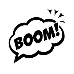  a comic-style speech bubble with the word "BOOM!" inside it. The text is bold and capitalized, and there are three small lines above the bubble, suggesting an explosive or loud sound effect.