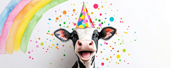 Fototapeta premium A joyful cow wearing a party hat, celebrating under a rainbow.