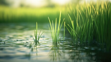 Fototapeta premium A peaceful close-up of green rice plants growing in clear water, showcasing the beauty of a rice field in a realistic background