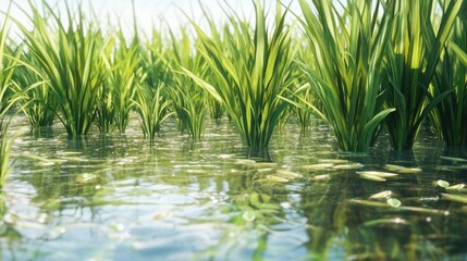 Fototapeta premium A peaceful close-up of rice plants growing in clear water, with vibrant green leaves and a realistic farming landscape