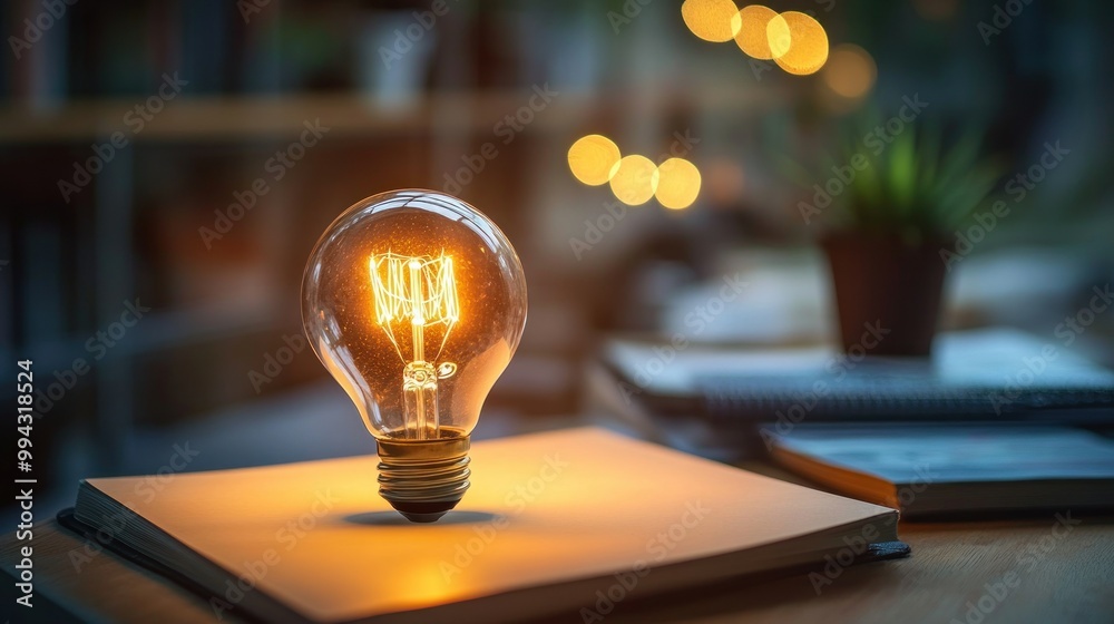 Poster glowing light bulb hovering above a closed book