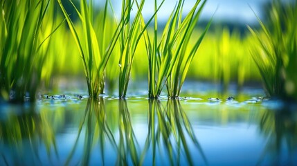 Obraz premium Close-up of rice plants in a field with clear water at their base, captured in a vibrant and realistic natural background