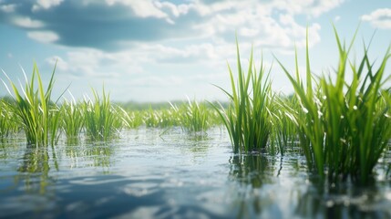 Detailed close-up of beautiful rice plants growing in a flooded field, with clear water reflecting the sky, captured in a realistic scene