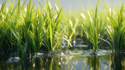 Obraz premium Detailed close-up of rice plants growing in a water-filled field, with clear reflections and a realistic, vibrant backdrop