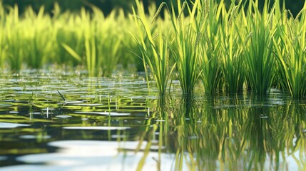 Obraz premium Detailed close-up of rice plants growing in a water-filled field, with clear reflections and a realistic, vibrant backdrop