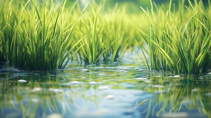 Obraz premium Stunning close-up of rice plants in a field filled with clear water, creating a serene and realistic farm landscape