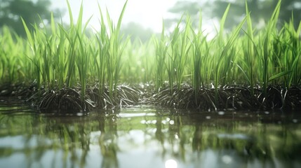 Stunning close-up of rice plants in a lush green field, clear water surrounding the roots, creating a realistic and serene natural scene