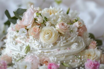 A woman is holding a white cake with flowers on it, generative ai image