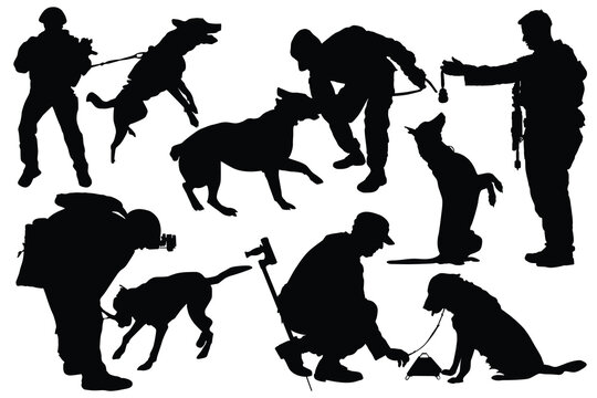 Silhouette of a police officer training with his dog partner. Vector drawing of a police man with dog. Silhouettes of officer with a dog. A collection of soldier, army, military, k9 dog  silhouettes.