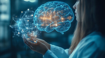 A scientist in a lab coat interacts with digital brain visuals while wearing a mask, showcasing cutting-edge technology and research techniques