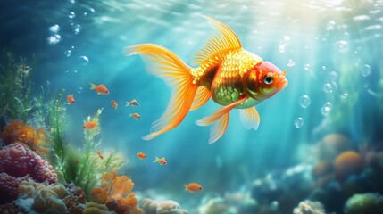 A goldfish swims against the current, symbolizing leadership amidst a vibrant underwater scene.