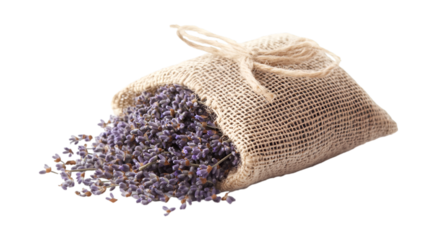 a small burlap bag with purple flowers. 