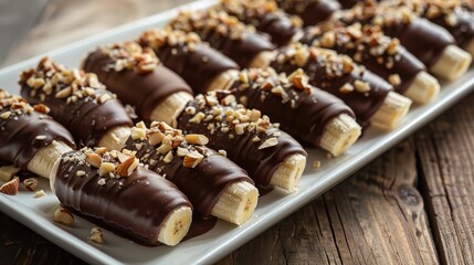 A plate of banana treats with chocolate and nuts