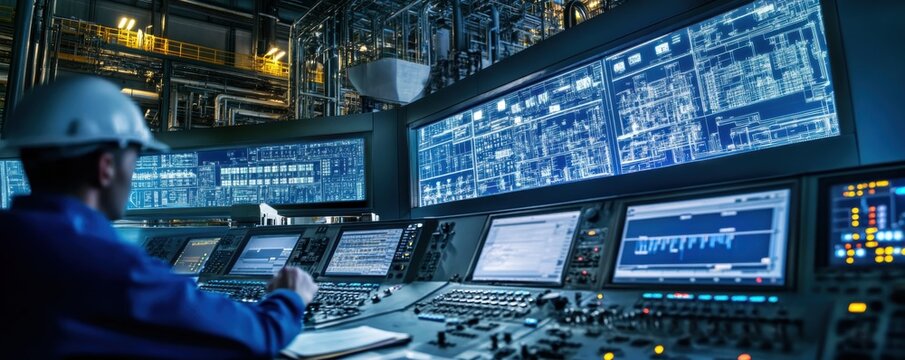 A close-up view of an oil refinery control room featuring multiple digital screens and a person monitoring data for efficient operations and safety monitoring