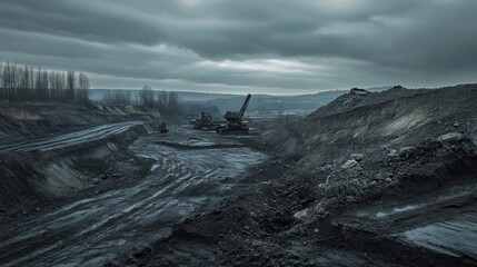 Expansive view of a coal mine with stripped earth and machinery under a cloudy sky, highlighting industrial mining operations and environmental impact