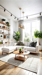 Fototapeta premium Home mockup, contemporary minimalist living room interior, 3d render, white Mock up frame