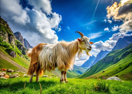 Majestic Changthangi Cashmere Goat Grazing on Lush Green Pastures in Serene Mountain Landscape