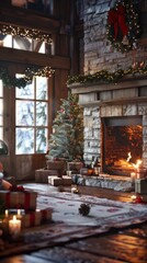 Obraz premium A cozy living room with a fireplace, a Christmas tree