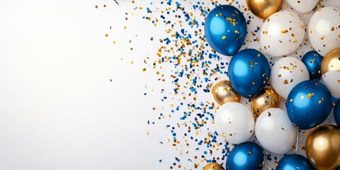 Cheerful celebration background featuring blue, golden, and white balloons with festive confetti for a joyful Christmas atmosphere