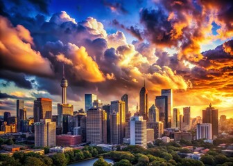 Fototapeta premium Majestic Cloudy Skyline Over Urban Landscape with Skyscrapers and Dramatic Cloud Coverage Above