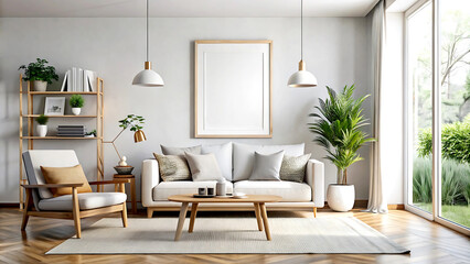 Fototapeta premium Home mockup, contemporary minimalist living room interior, 3d render, white Mock up frame