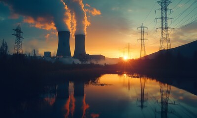 nuclear power plant Powering the Horizon Electric Power Station with Turbines and Tall Towers at Dusk – Suitable for Backgrounds and Covers