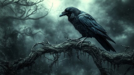 Fototapeta premium Crow perched on branch in dark forest with fog and eerie atmosphere