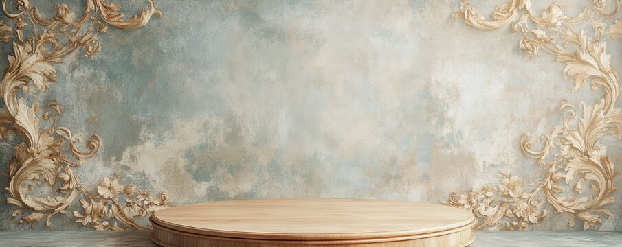 Elegant Italian fresco pattern with ornate gold detailing and muted tones on a classic background