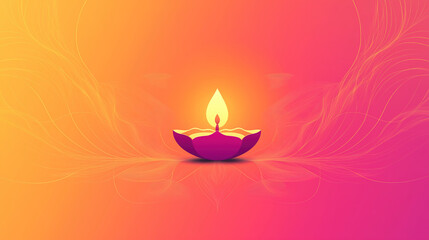 "Minimalist Diwali Banner Featuring a Central Stylized Diya Glowing Brightly Against a Gradient Background Transitioning from Soft Orange to Rich Pink