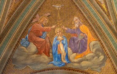 ALESSANDRIA, ITALY - SEPTEMBER 9, 2024: The ceiling fresco of Coronation of Virgin Mary in the...