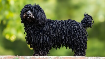 A Puli dog standing proudly on a , showcasing its distinctive corded coat and lively expression