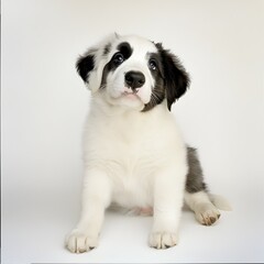 A playful Pyrenean Mastiff puppy posing with its ears perked up, exuding charm and curiosity on a