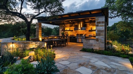 Outdoor Texas BBQ setup at dusk featuring a well-lit grill and patio surrounded by lush trees and ambient lighting