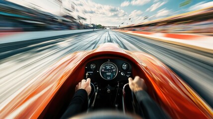 Fototapeta premium High-speed drag racer accelerates down the track with adrenaline and precision in a thrilling motorsport competition on a sunny day