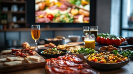 Obraz premium TV background and appetizer table for watching a match with pals. composition that is horizontal. frontal view.
