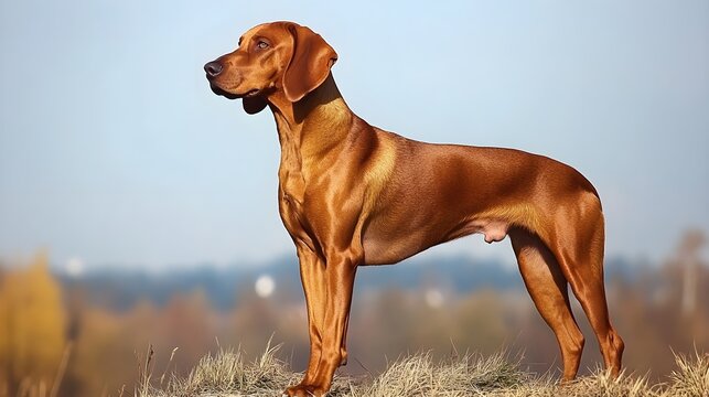A Redbone Coonhound standing proudly on a , showcasing its sleek coat and expressive eyes