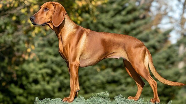 A Redbone Coonhound standing proudly on a , showcasing its sleek coat and expressive eyes