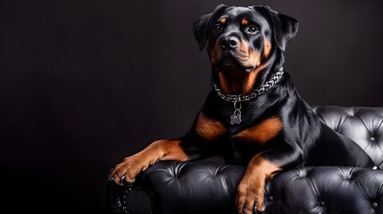 Obraz premium A majestic Rottweiler sitting proudly on a , showcasing its strong physique and confident demeanor