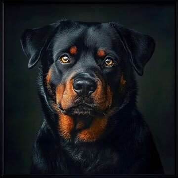 A close-up portrait of a Rottweiler with a shiny coat and expressive eyes, perfectly framed against a